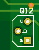 Example of a through-hole transistor and respective pins; pin 1 is indicated with a square pad.