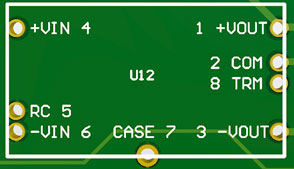 Example of a thru-hole power supply with its pins detailed in silkscreen.