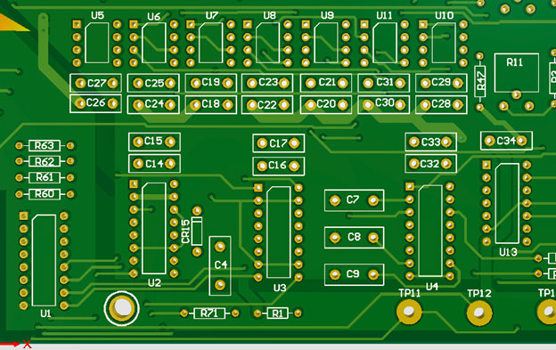 Example of several through-hole components mounted in the same direction to optimize wave soldering profile.