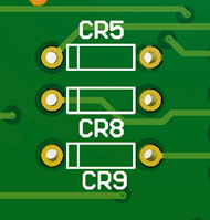 Example of through-hole diodes and their cathode (negative) silkscreen markings on the left side of the footprint.